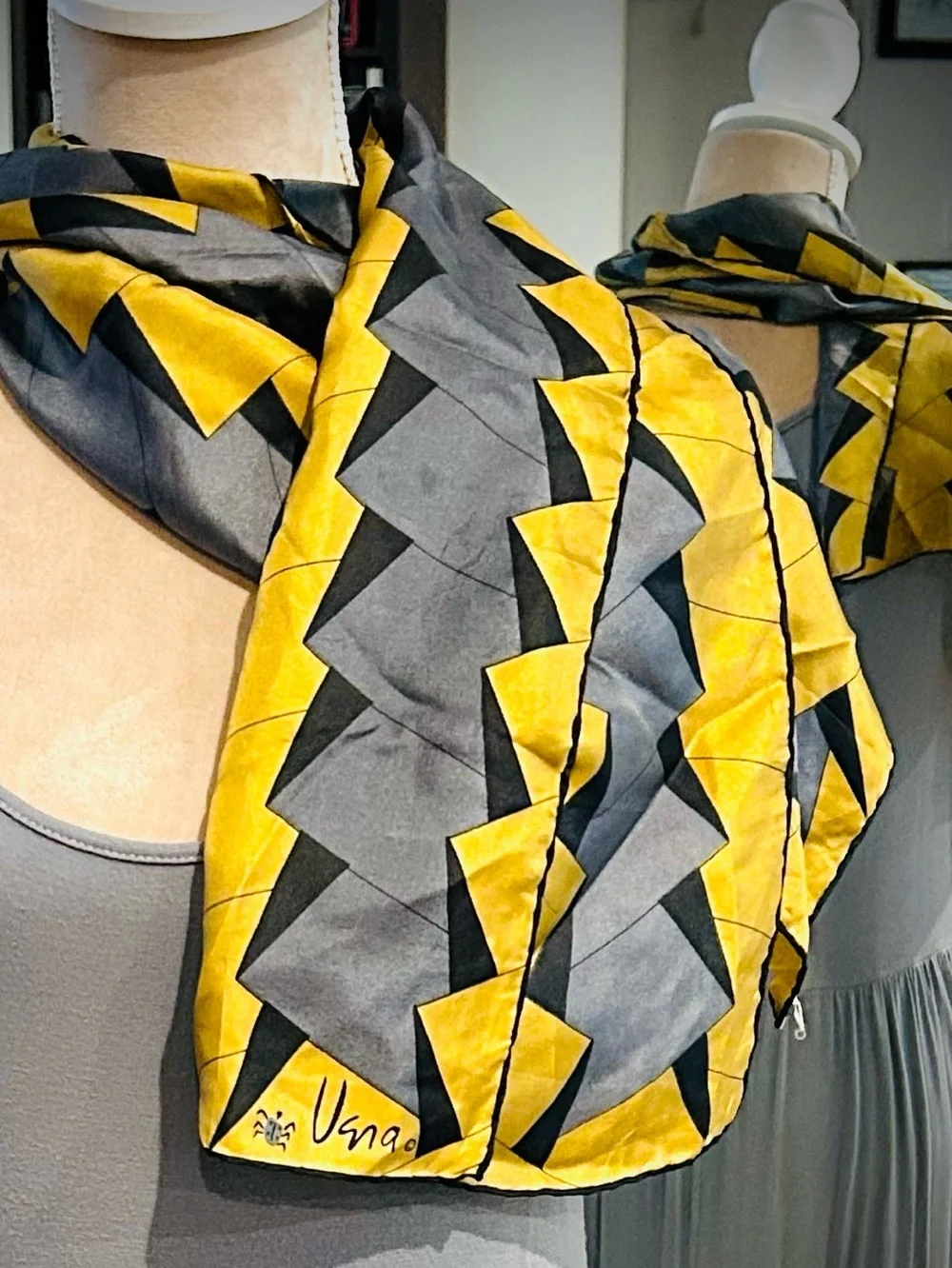 Vintage Vera Neumann MCM geometric print oblong silk scarf with Ladybug Logo
